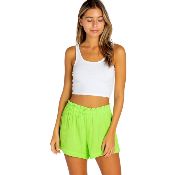 STARKX Elastic High Waist Short Crinkle Gauze Cotton Lime Green Pockets L 9 10 - Picture 12 of 12